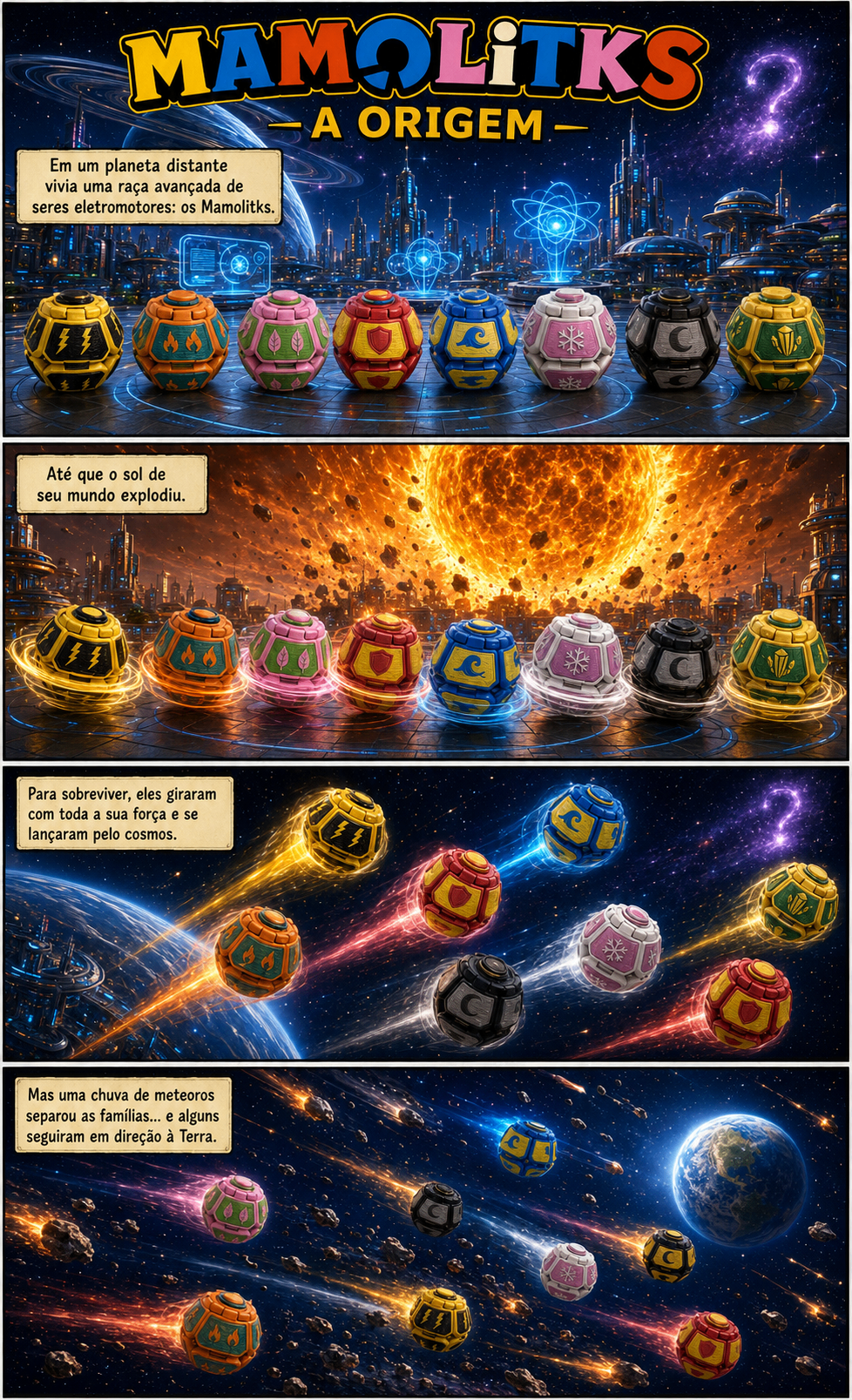 Quadrinho: Mamolitks — A Origem. Os Mamolitks giram e se lançam pelo cosmos quando o sol de seu planeta explode.