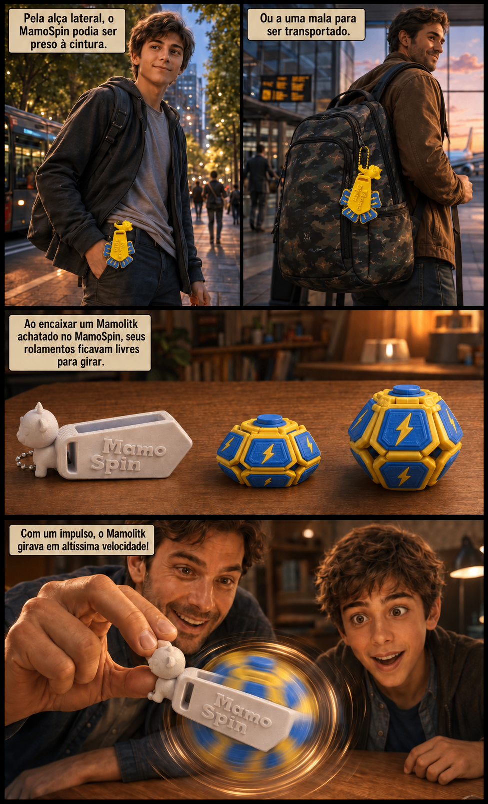 Quadrinho: o MamoSpin preso à cintura ou à mochila, e o Mamolitk girando em altíssima velocidade ao ser encaixado.