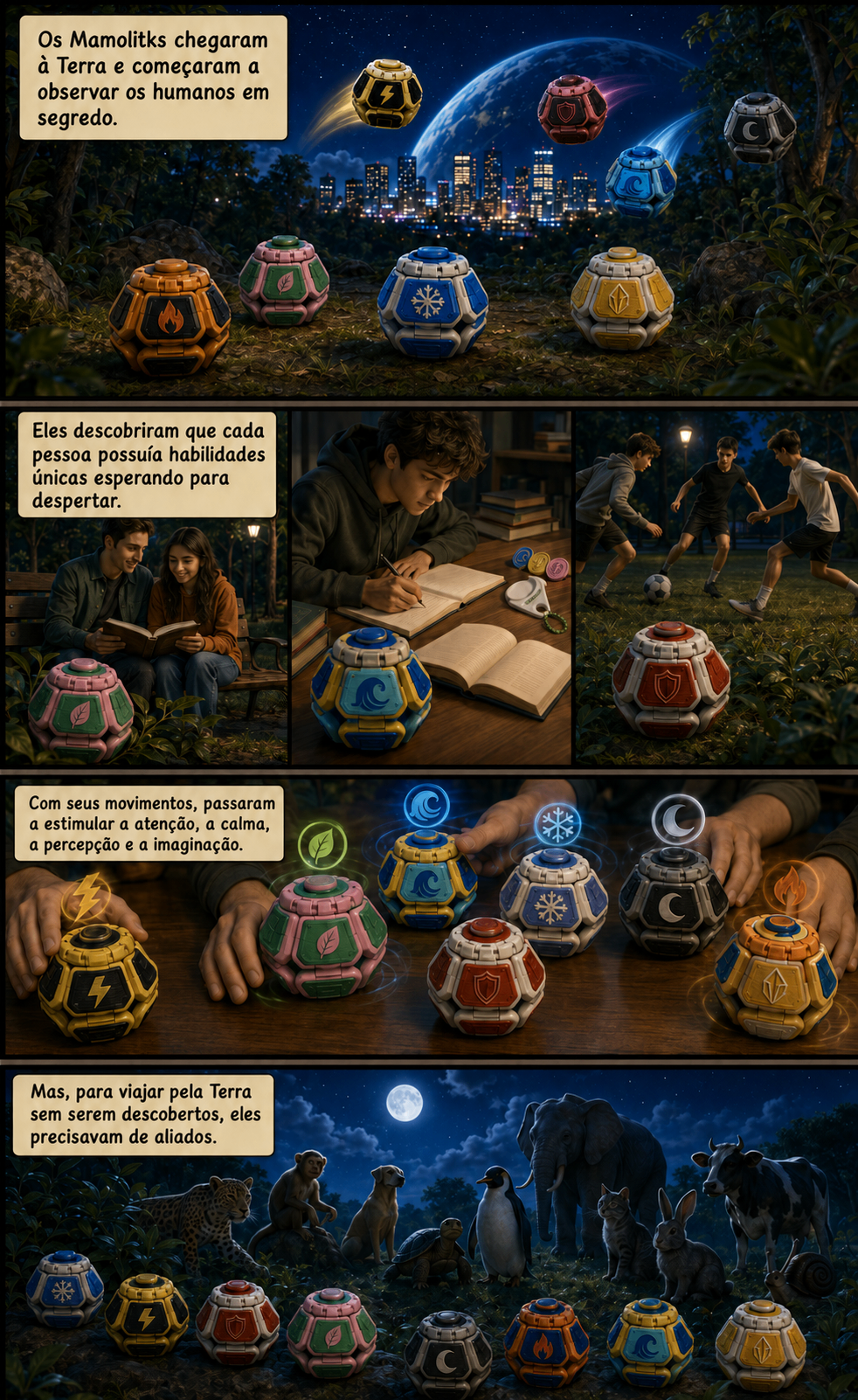 Quadrinho: os Mamolitks chegam à Terra e observam os humanos em segredo, descobrindo habilidades únicas em cada pessoa.