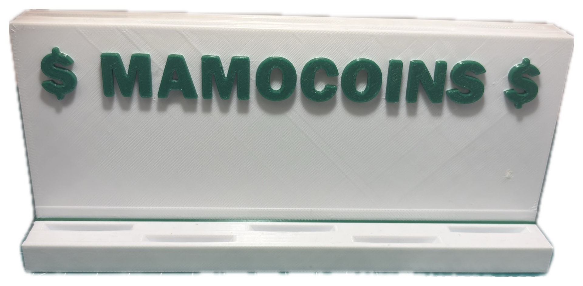 Suporte para MamoCoins em branco com a palavra MAMOCOINS em verde e cinco espaços para moedas