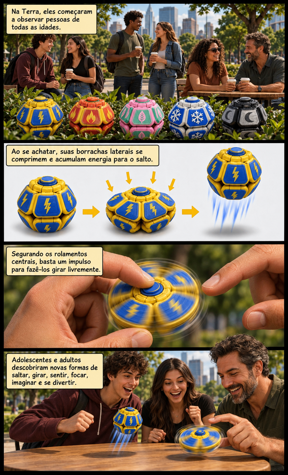 Quadrinho: os Mamolitks saltam ao se achatar e giram livremente com um impulso nos rolamentos.